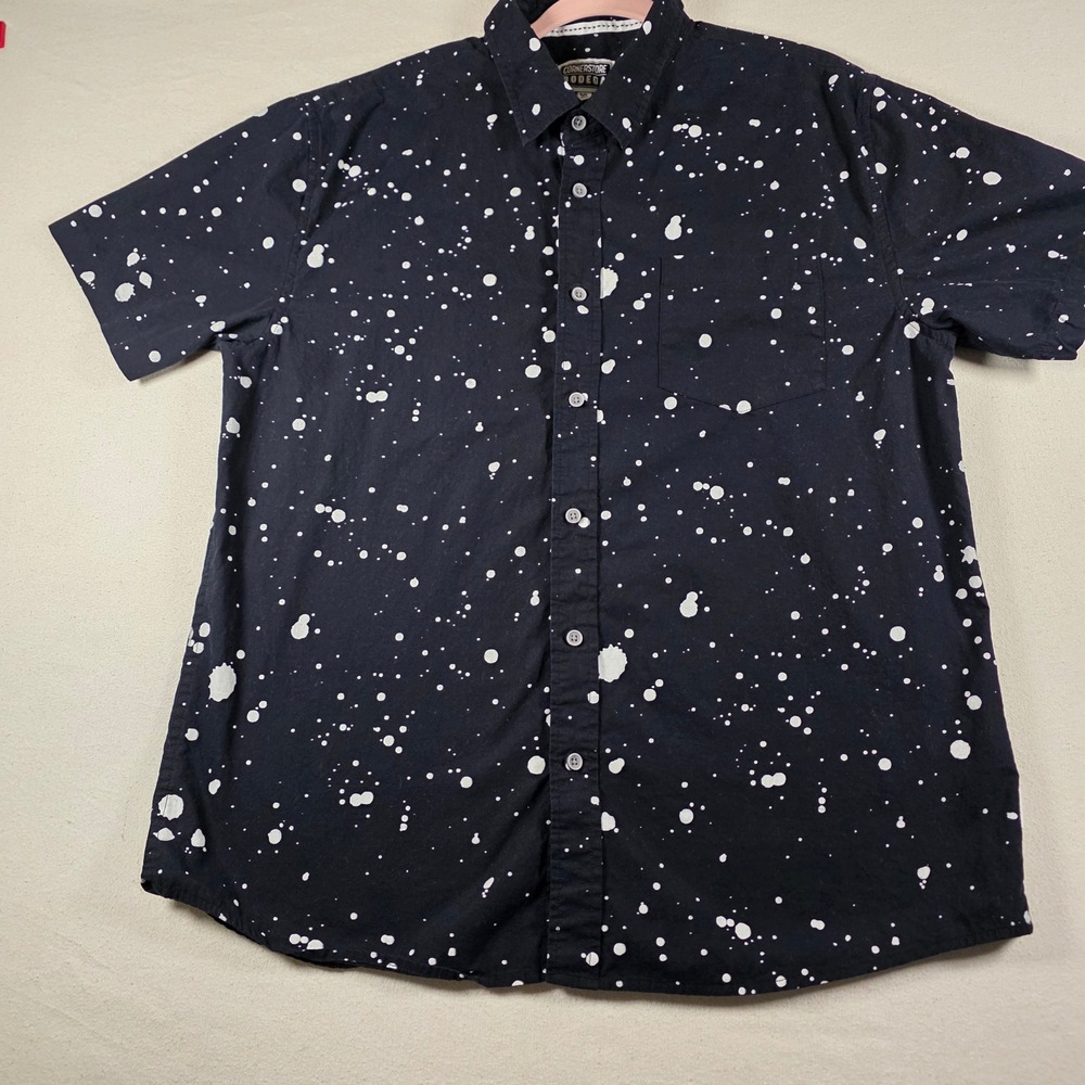 Cornerstore Bodega Mens XL Black White Paint Splatter Short Sleeve Button Shirt